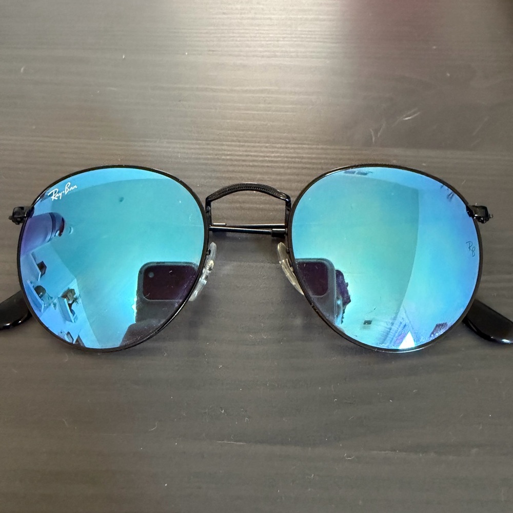 Ray-Ban Round Metal Sunglasses - Black Frame with Blue Mirror Lenses